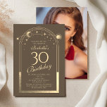 Convite Celestial Mocha Dourada Sun Moon Stars aniversário<br><div class="desc">A Celestial Mocha Dourada Sun Moon Astronomy aniversário de 30 anos Photo Invices apresenta um elegante sol dourado, lua e estrelas com um quadro de ouro sobre um fundo de mocha. Dentro é a sua informação de convite de 30 anos. Ao contrário, adicione sua foto favorita. Projetado para você pelo...</div>
