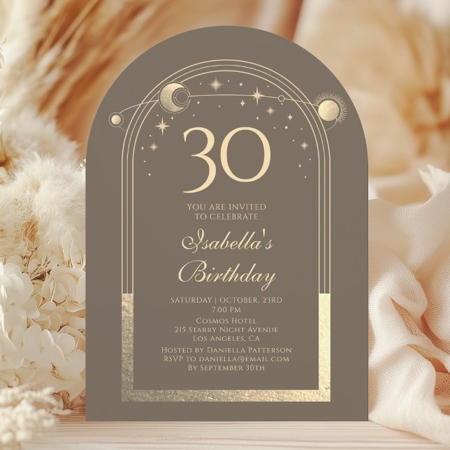 Convite Celestial Mocha Dourada Sun Moon Stars aniversário (Criador carregado)