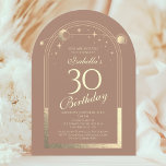 Convite Celestial Mocha Dourada Sun Moon Stars aniversário<br><div class="desc">A Celestial Mocha Mousse, Dourada Sun Moon Astronomy aniversário de 30 anos Invisions, apresenta um elegante sol dourado, lua e estrelas com um quadro de ouro sobre um fundo mocha mousse. Dentro é a sua informação de convite de 30 anos. Personalize editando o texto nas caixas de texto. Projetado para...</div>