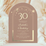 Convite Celestial Mocha Dourada Sun Moon Stars aniversário<br><div class="desc">A Celestial Mocha Mousse, Dourada Sun Moon Astronomy aniversário de 30 anos Invisions, apresenta um elegante sol dourado, lua e estrelas com um quadro de ouro sobre um fundo mocha mousse. Dentro é a sua informação de convite de 30 anos. Personalize editando o texto nas caixas de texto. Projetado para...</div>