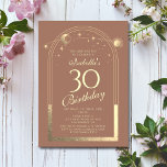 Convite Celestial Mocha Dourada Sun Moon Stars aniversário<br><div class="desc">A Celestial Mocha Mousse, Dourada Sun Moon Astronomy aniversário de 30 anos Invisions, apresenta um elegante sol dourado, lua e estrelas com um quadro de ouro sobre um fundo mocha mousse. Dentro é a sua informação de convite de 30 anos. Personalize editando o texto nas caixas de texto. Projetado para...</div>