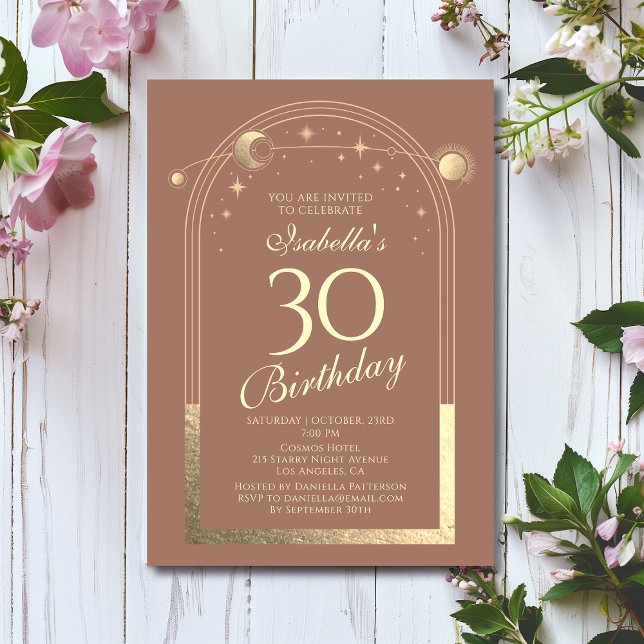 Convite Celestial Mocha Dourada Sun Moon Stars aniversário (Criador carregado)