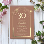 Convite Celestial Mocha Dourada Sun Moon Stars aniversário<br><div class="desc">A Celestial Mocha Mousse, Dourada Sun Moon Astronomy aniversário de 30 anos Invisions, apresenta um elegante sol dourado, lua e estrelas com um quadro de ouro sobre um fundo mocha mousse. Dentro é a sua informação de convite de 30 anos. Personalize editando o texto nas caixas de texto. Projetado para...</div>
