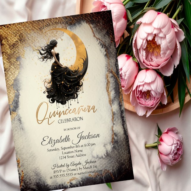 Convite Celestial Moon Girl Watercolor Quinceanera Dourada (Criador carregado)