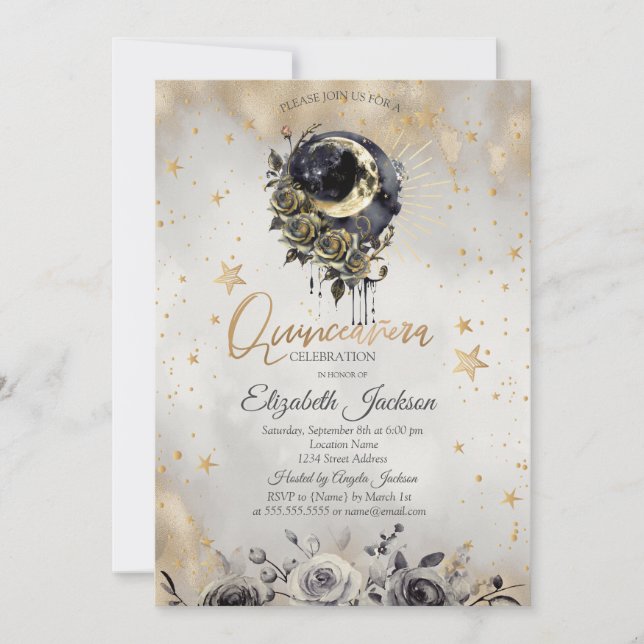 Convite Celestial  Moon Roses Stars Quinceanera  (Frente)