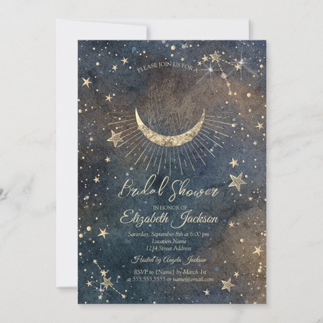 Convite Celestial Moon,Stars Diamond Dark Bridal Shower  (Frente)