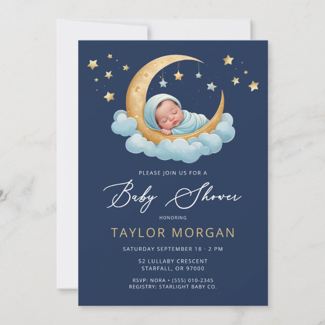 Convite Celestial Moon & Stars Navy Boy Baby Shower  (Frente)