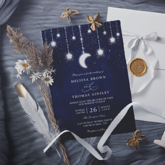 Convite Celestial Moon Stars String Lights QR Code Wedding (Criador carregado)