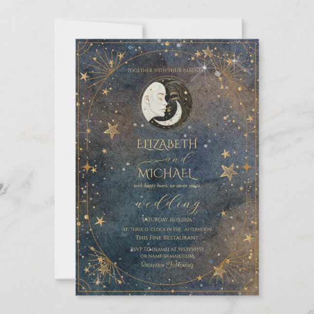 Convite Celestial Moon Sun Frame Dark Galaxy Wedding (Frente)