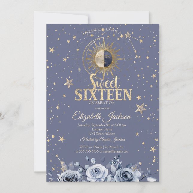 Convite Celestial Moon Sun Moon Stars Lavander Sweet 16 (Frente)