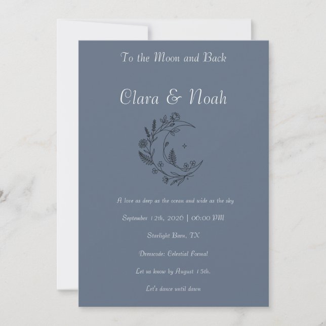 Convite Celestial Moon Wedding Invitation Dusty Blue (Frente)