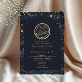 Convite Celestial Navy Monograma Dourado Casamento