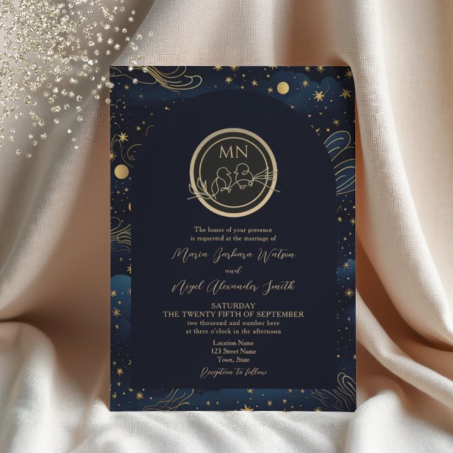 Convite Celestial Navy Monograma Dourado Casamento (Criador carregado)