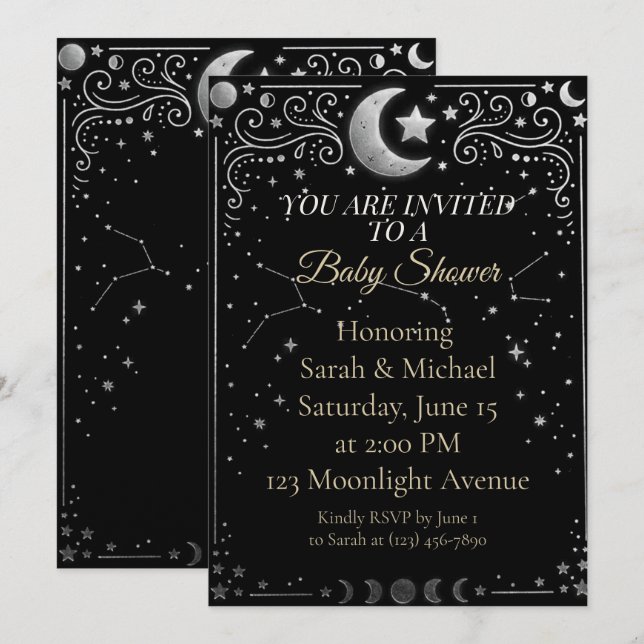Convite Celestial Over the Moon Baby Shower Invitation  (Frente/Verso)