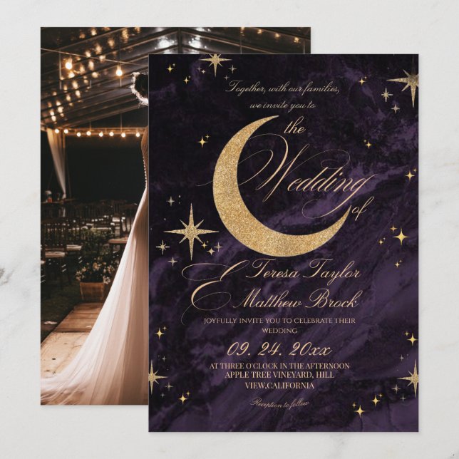 Convite Celestial Purple and Gold Moody Wedding  (Frente/Verso)