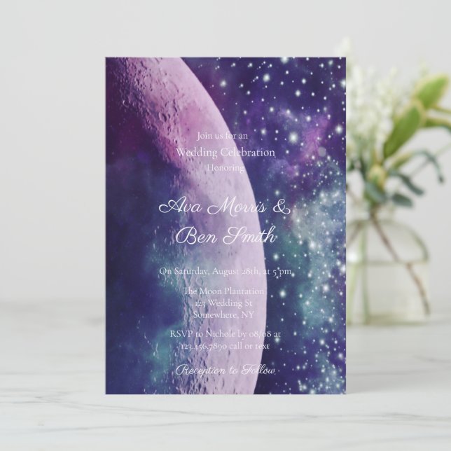 Convite Celestial Purple Galaxy Moon Wedding Celebration  (Em pé/Frente)
