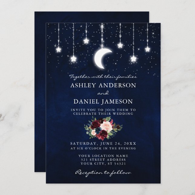 Convite Celestial Sky Moon Stars Floral Foto (Frente/Verso)
