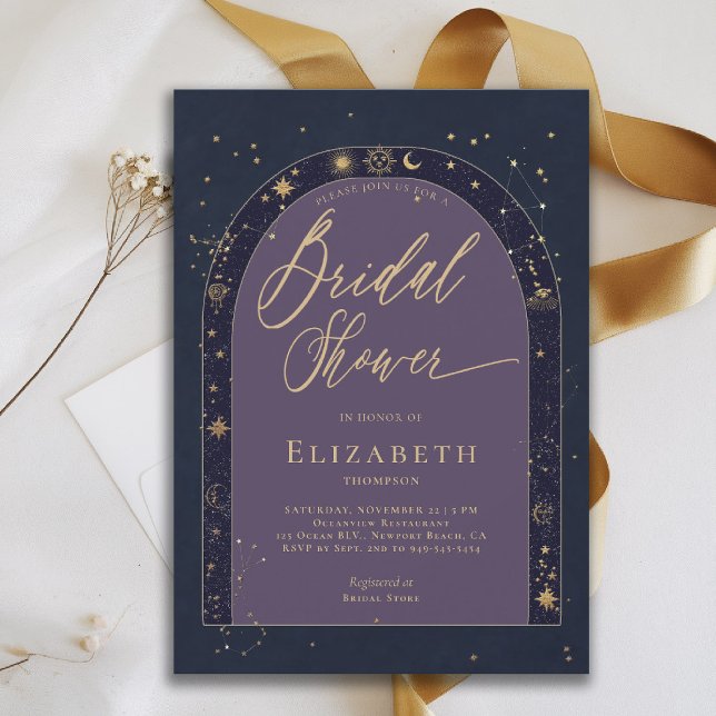 Convite Celestial Starry Night Zodiac Planet Chá de panela (celestial bridal shower invitation zodiac signs astrology map universe bespoke navy blue purple)