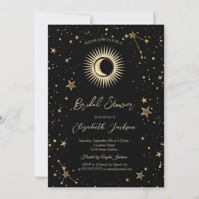 Convite Celestial Sun,Moon,Stars Black Bridal Shower (Frente)