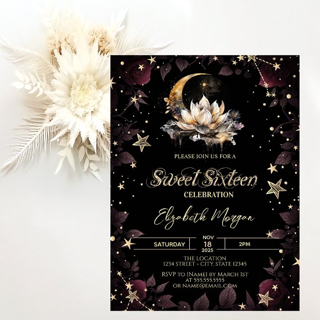 Convite Celestial Sun,Moon,Stars Roses Sweet 16 (Criador carregado)