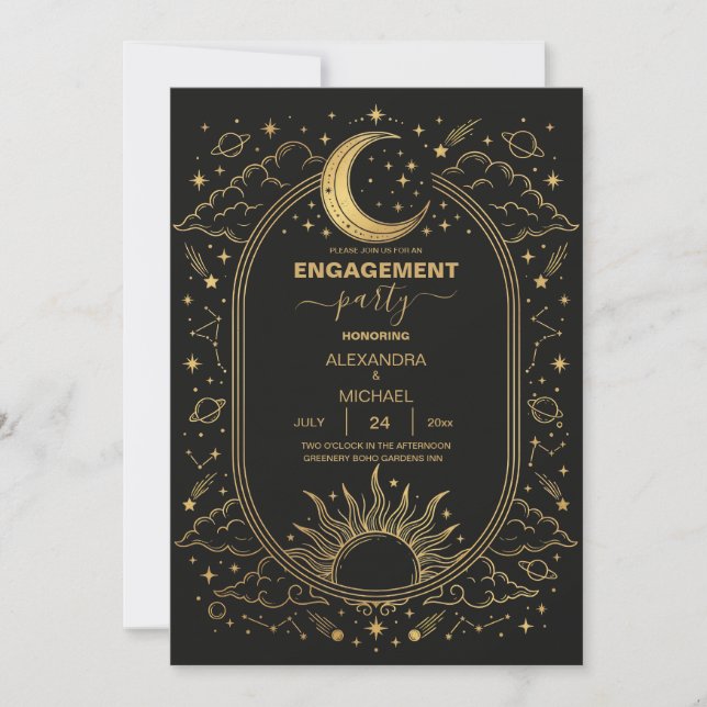 Convite Celestial Sun Moon Wedding Invitation Black Gold (Frente)