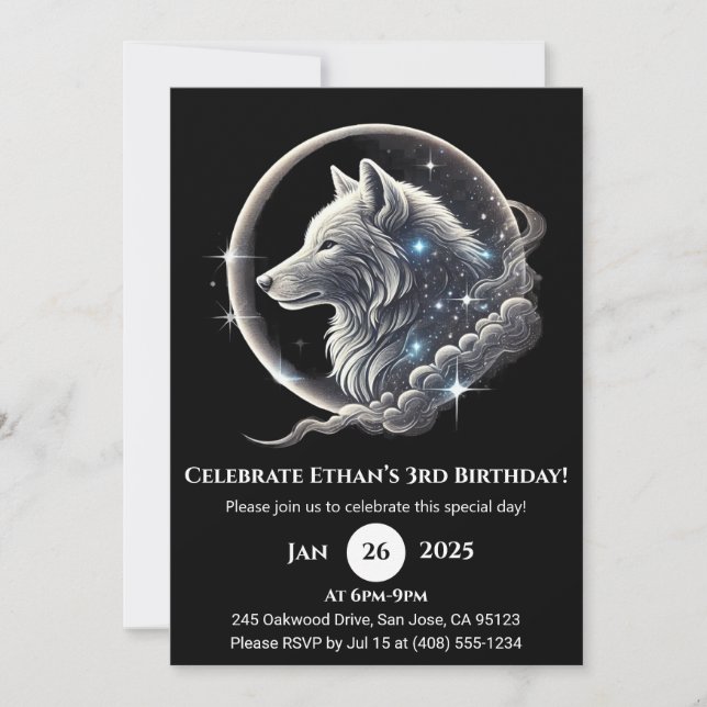 Convite Celestial White Wolf Moon Birthday Invitation (Frente)
