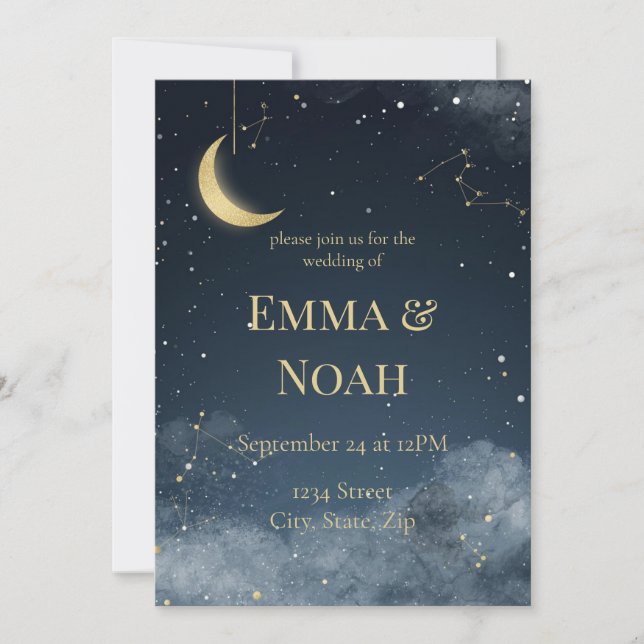 Convite Celestial Winter Wedding Invitation | Navy & Gold (Frente)
