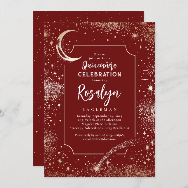 Convite Célestias Douradas e Quinceanera da Noite da Lua (Frente/Verso)