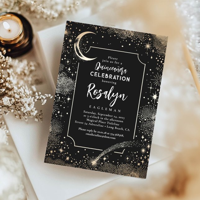 Convite Célestias Douradas e Quinceanera da Noite da Lua (Black Quinceanera Invitations)