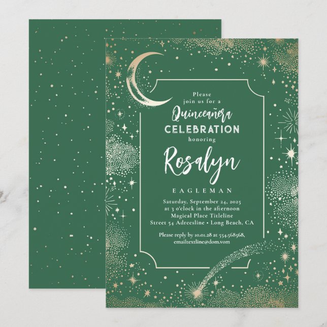 Convite Célestias Douradas e Quinceanera da Noite da Lua (Frente/Verso)