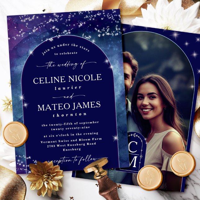 Convite Celine - Foto de Casamento do Elegant Night Sky Ar (Celebrate your love story with the Celine wedding invite, featuring a custom photo.)