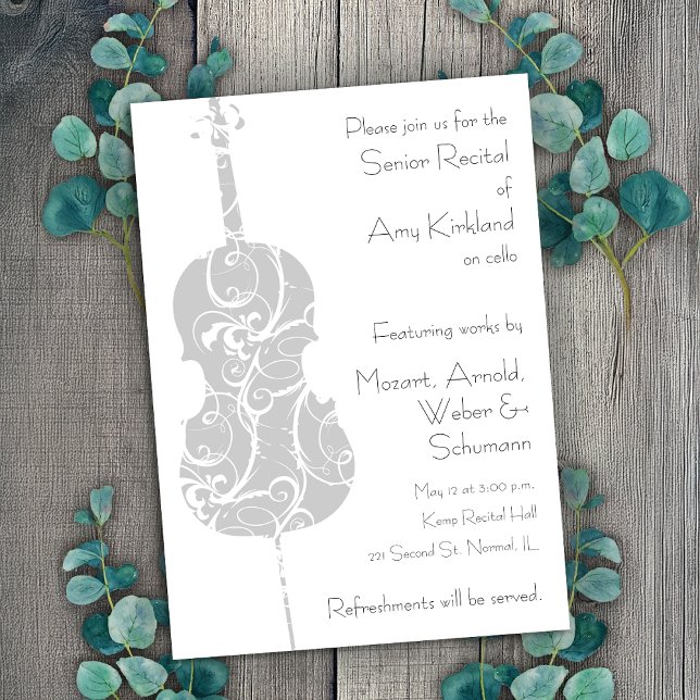 Convite Cello Considerando (Customizable cello recital invitation template by Horn and Castle.)