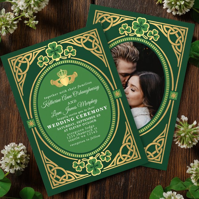 Convite Celtic Knot Claddagh Shamrock Wedding Green Photo (Criador carregado)
