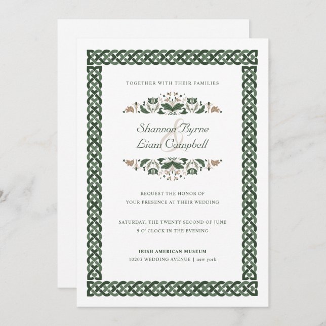 Convite Celtic Knot | Modern Floral Irish Wedding (Frente/Verso)
