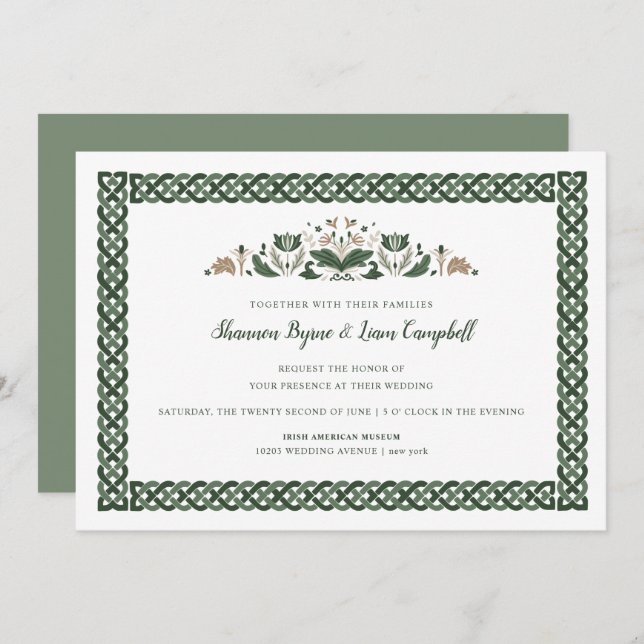 Convite Celtic Knot | Modern Floral Irish Wedding (Frente/Verso)