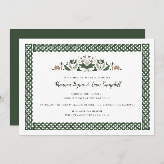Convite Celtic Knot | Modern Floral Irish Wedding (Frente/Verso)