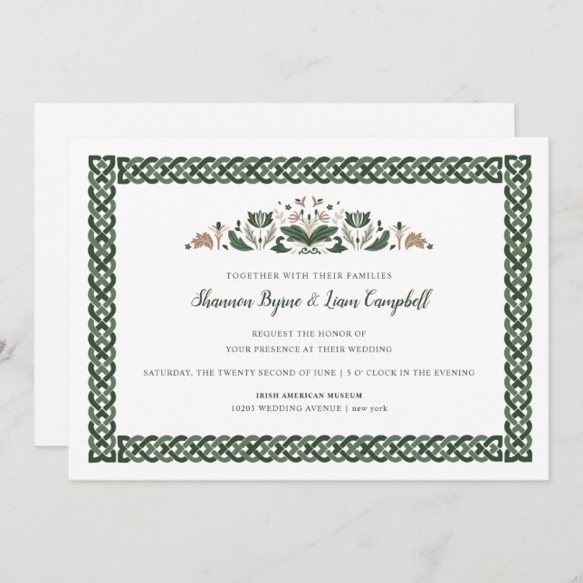 Convite Celtic Knot | Modern Floral Irish Wedding (Frente/Verso)