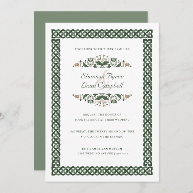 Convite Celtic Knot | Modern Floral Irish Wedding (Frente/Verso)