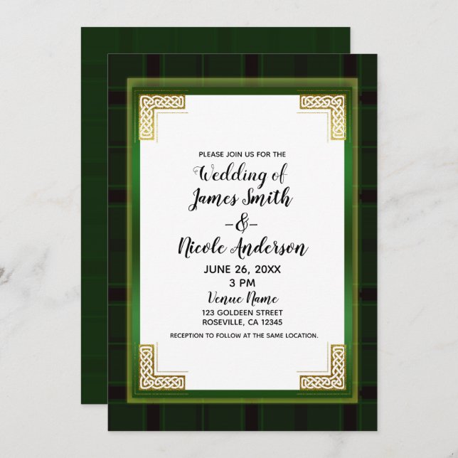 Convite Celtic Verde Dourado Xadrez Tartan Branco Casament (Frente/Verso)