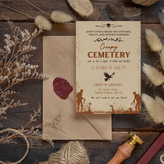 Convite Cemitério assustador marrom com sotaque Enfumaçado (Creepy Cemetery Brown with Smoky Black Accent Invitation Cover from The Beekeeper Store)