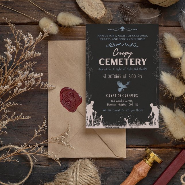 Convite Cemitério Assustador Vermelho com Destaque Azul (Creepy Cemetery Dusty Red with Blue Accent Invitation Cover from The Beekeeper Store)
