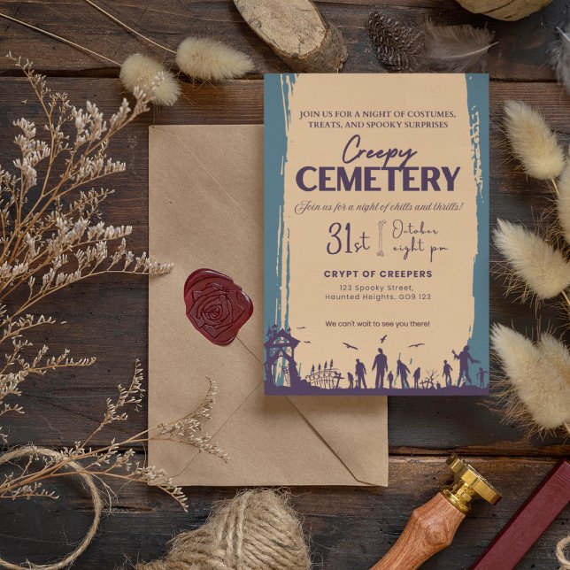 Convite Cemitério assustador violeta com cor-de-rosa (Creepy Cemetery Violet with Peach-Orange Invitation Cover from The Beekeeper Store)