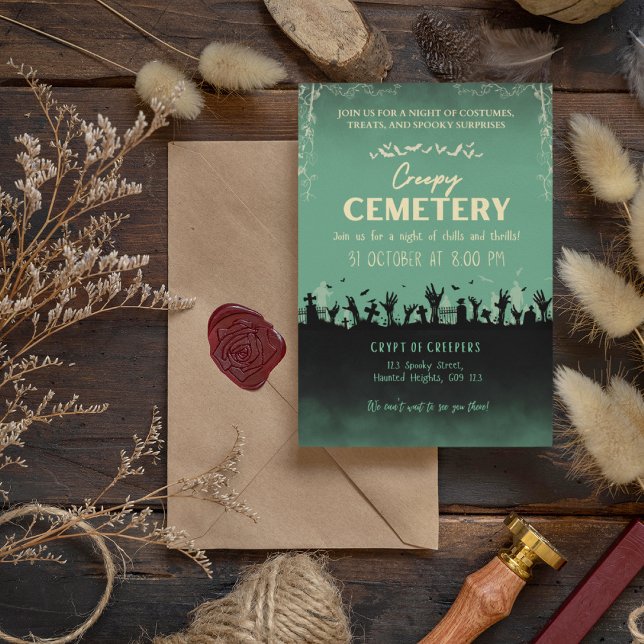 Convite Cemitério Cemitério Polida com Sotaque Louro (Creepy Cemetery Polished Pine with Blond Accent Invitation Cover from The Beekeeper Store)