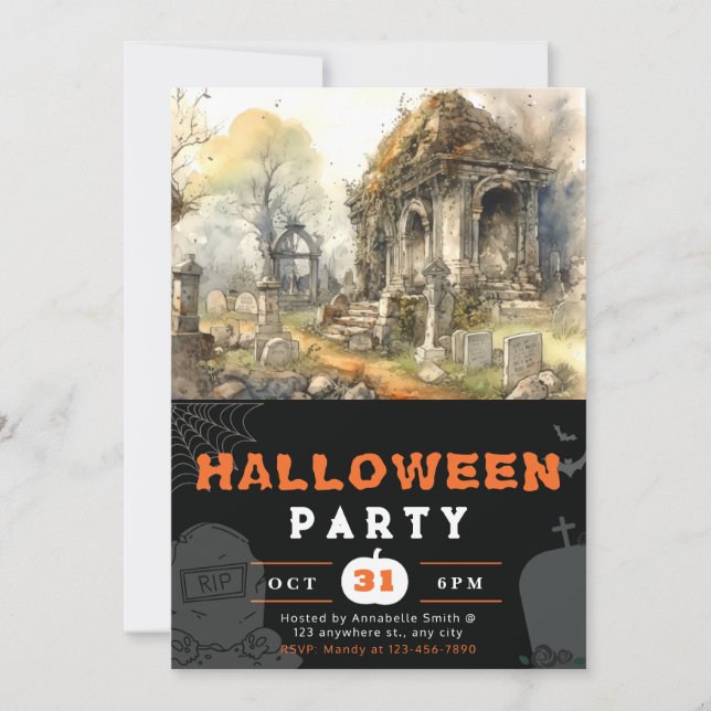 Convite Cemitério Preto de Halloween Assustador e Sinistro (Frente)