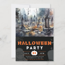 Convite Cemitério Preto de Halloween Assustador e Sinistro