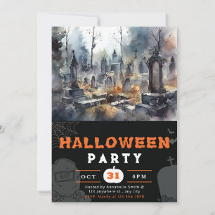 Convite Cemitério Preto de Halloween Assustador e Sinistro