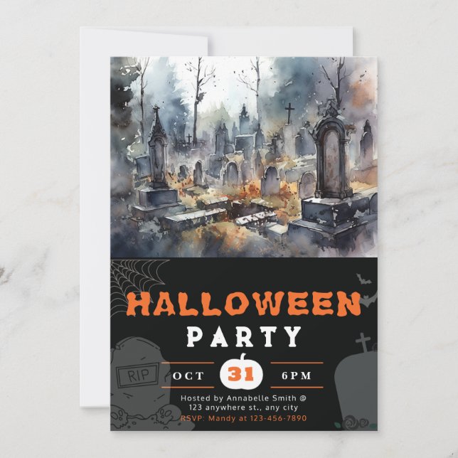 Convite Cemitério Preto de Halloween Assustador e Sinistro (Frente)