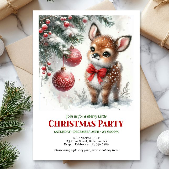 Convite Cena clássica de aquarela de floresta nevada com c (Classic cozy fawn snowy forest watercolor scene Christmas invite

)