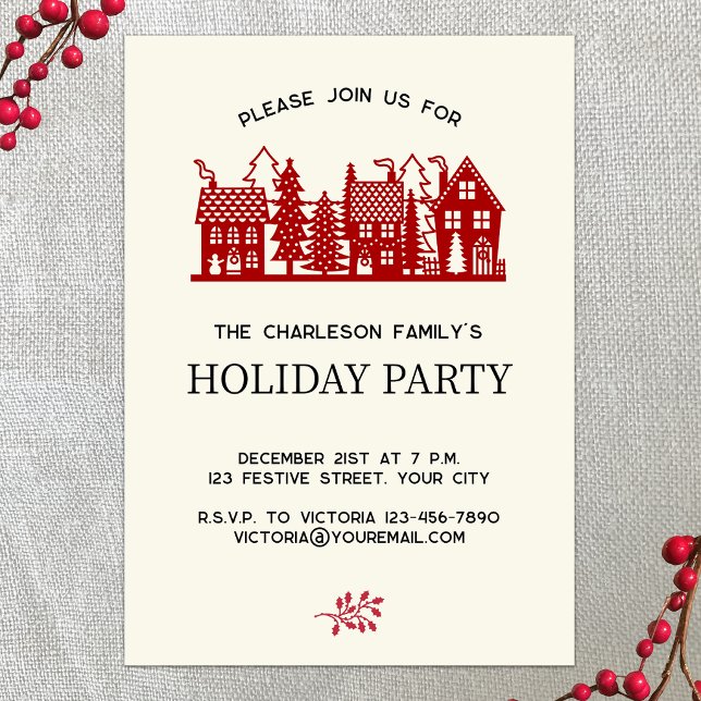 Convite Cena de Aldeia de Natal Moderna Festa de Férias (Modern Christmas Village holiday party invitation with custom text)