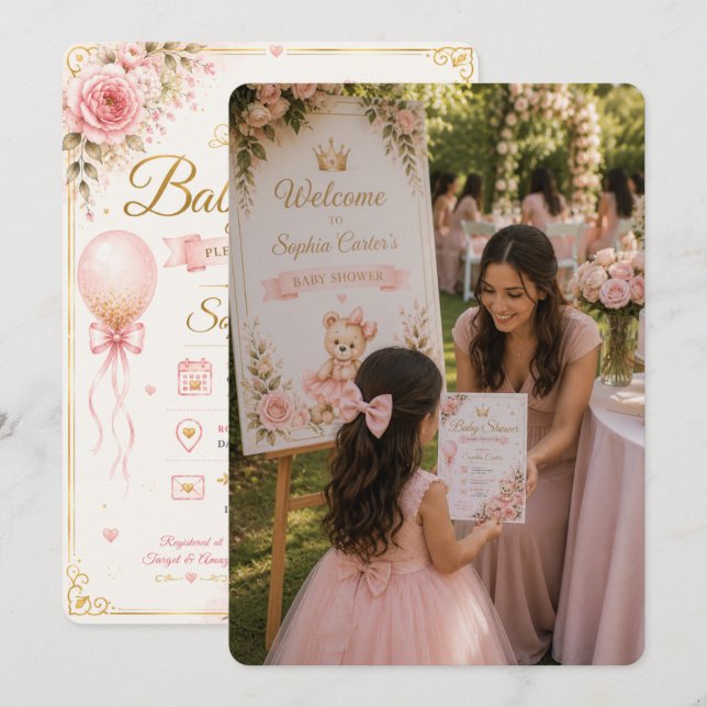 Convite Cena de Boas-Vindas de Chá de Bebê Rosa (Frente/Verso)